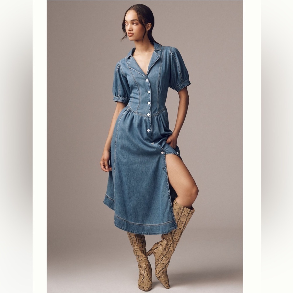 PILCRO | Denim Button-Front Puff Sleeve Dress - Picture 1 of 12